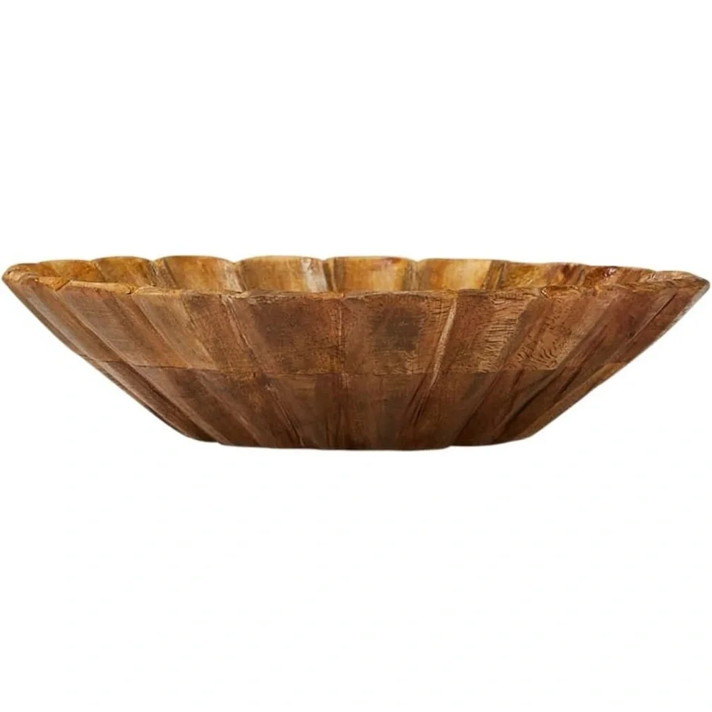 NEW West Elm Large Natural Wood Carved Scalloped Decorative Bowl Centerpiece 8